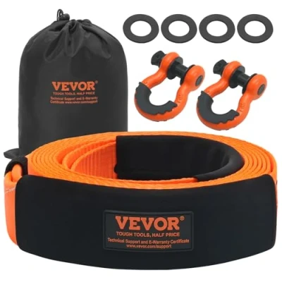 Afbeelding van VEVOR Heavy Duty Trekriem Herstel Kit 3&quot; x 20ft (MBS 35lbs) Boombesparing Lier Strap, Triple Versterkte Loop &amp; Beschermende Mouwen Opbergtas, 3/4&quot; D Ring Shackles, voor Truck Jeep SUV ATV