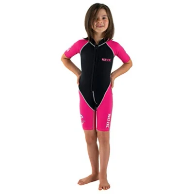 Afbeelding van SEAC Dolphin, Shorty Wetsuit voor kinderen in 1,5mm Neopreen en Lycra Zwemmen, Snorkelen Spelen het Water, Fuxia/Zwart, 7 jaar