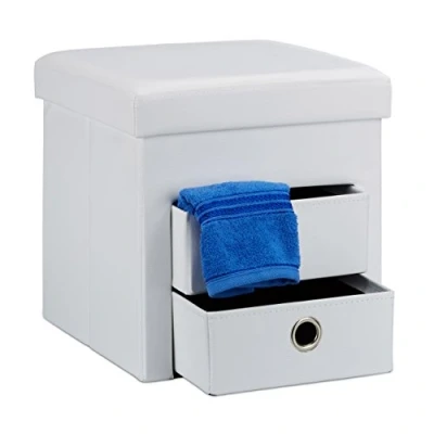 Afbeelding van Relaxdays poef met opbergruimte, opvouwbaar, 2 uitneembare vakken, lades, hocker, kunstleer, HBD: 38 x cm, wit