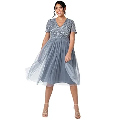 Afbeelding van Maya Deluxe Verfraaide midi avondjurk voor dames, V hals, korte mouwen, gala, bruiloft, bruidsmeisje, Dusty Blauw, 38