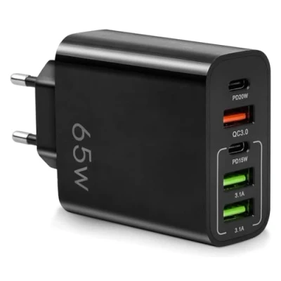 Afbeelding van multi oplader 65 W, 5 USB C poorten, QC3.0, adapter PD20 oplader, sneller en veiliger opladen. Compatibel met alle mobiele telefoons, inclusief Samsun, Xiaomi, Realme, Huawei, Oppo