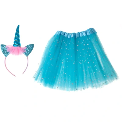 Afbeelding van Kinder verkleedkleren / carnaval outfit unicorn glitters Met tutu blauw Verkeedset voor kinderen haarband en