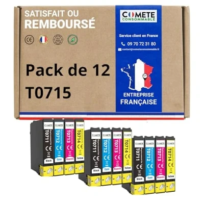 Afbeelding van COMETE, Frans merk T0715 12 inktpatronen, compatibel met Epson cheetah (T0711+T0712+T0713+T0714) voor cartridge Stylus (3 zwart, 3 cyaan magenta geel)