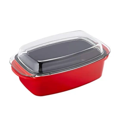 Afbeelding van Relaxdays braadslede met deksel ovenschaal gegoten aluminium &amp; glas braadpan rood