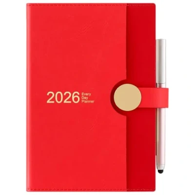 Afbeelding van Academisch dagboek 2026 A5 pagina per dag, van januari tot december 2026, 12 maanden dagelijkse planner, hardcover met pen (rood)