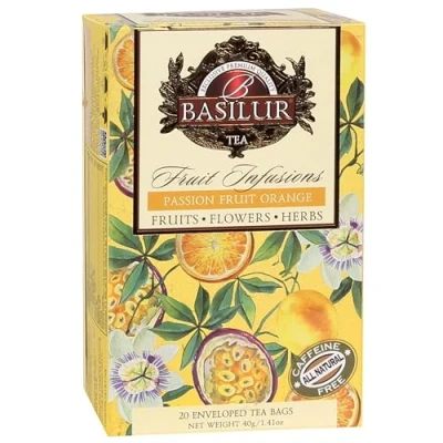 Afbeelding van BASILUR Fruit Infusions cafeïnevrije vruchtenthee met passievrucht , mandarijn en citrussmaken, in 20 x 2g zakjes.