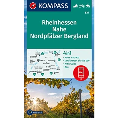 Afbeelding van KOMPASS Wanderkarte 831 Rheinhessen, Nahe, Nordpfälzer Bergland 1:50.000: 4in1 Wanderkarte, mit Aktiv Guide und Detailkarten inklusive Karte zur ... Fahrradfahren. Skitouren. Langlaufen.