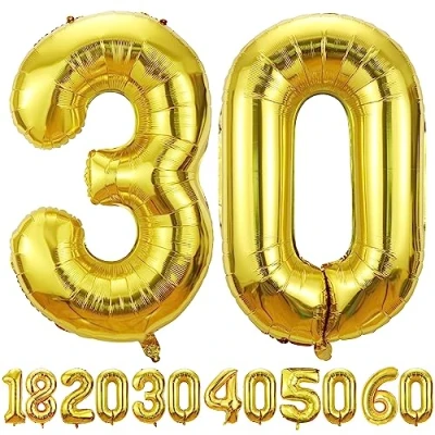 Afbeelding van Ballonnen verjaardag 30 jaar goud 101 cm ballon cijfer opblaasbare folie decoratie van een man vrouw vlinderdas met helium