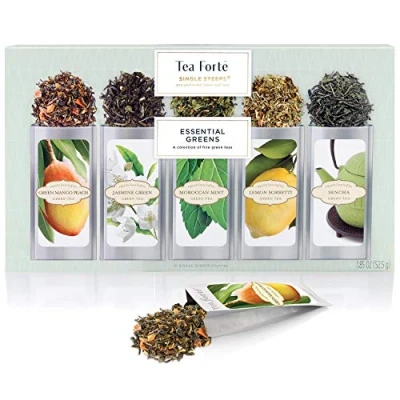 Afbeelding van Tea Forte Single Steeps Loose Leaf Green Sampler, geassorteerde variëteitsdoos, zakjes voor één portie, 15 stuks (pak van 1)