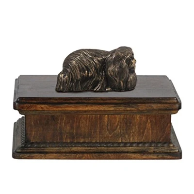 Afbeelding van Art Dog Custom Mama Sitting Statue Memorial Urn Handgemaakt koud gegoten brons op berkenhouten voet 24,5x29x21cm 5l Pekinees