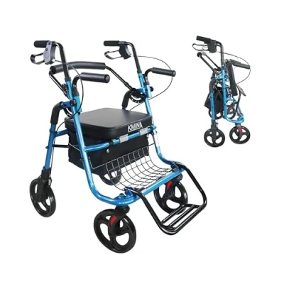 Afbeelding van KMINA Rollator Rolstoel voor Glad Terrein, 2 in 1, Verstelbare met Wielen, Looprek Volwassenen, 4 Opvouwbaar Zitje Blauwe