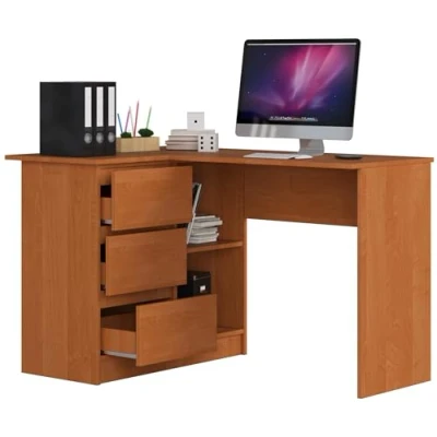 Afbeelding van Hoekbureau alder links, 3 laden rechts en 2 planken, veel ruimte om uit te klappen. Perfect voor jeugdkamers, kantoren studio&#039;s.