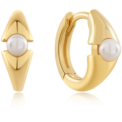 Afbeelding van Ania Haie dames Pearl Geometric Huggie oorringen S verguld in de kleur Goud