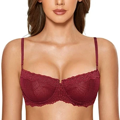 Afbeelding van DOBREVA Balconette Beha Dames met Beugel Dirndl Push Up Sexy Beha&#039;s Kant Grote Maten Ongevoerd Donkerrood 80C