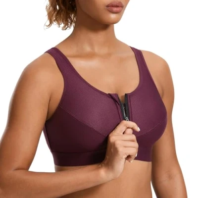Afbeelding van SYROKAN High Impact Wireless Racerback sportbeha Met Hoge Ondersteuning Voor Dames Ritssluiting Aan De Voorkant Donkerrood 90D