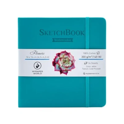Afbeelding van Mypaperworld Aquarel schetsboek, 300 g 100% katoen, koud geperst, 24 vellen, 16x16cm turquoise