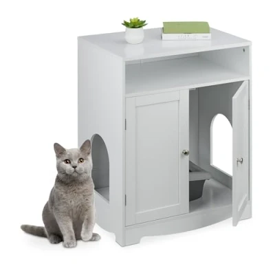 Afbeelding van Relaxdays kattenbak ombouw / kast 2 openingen 73,5 x 60 43,5 cm kattenkast wit