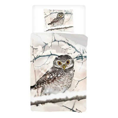 Afbeelding van Snoozing Snowy Owl Flanel Dekbedovertrek Eenpersoons 140x200/220 cm + 1 kussensloop 60x70 Sand