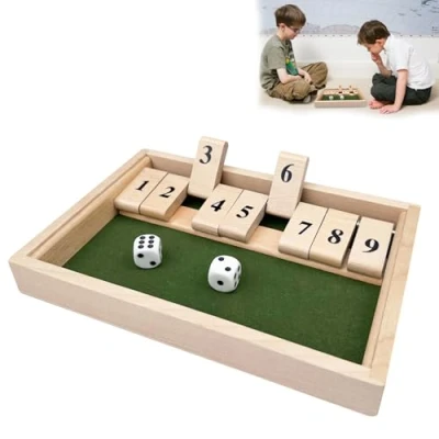 Afbeelding van Chiluxendo Shut The Box Dobbelspel voor 2 spelers, met 9 cijfers, klapbordspel, houten tafelspel, klapspel kinderen, dobbelstenen wiskunde