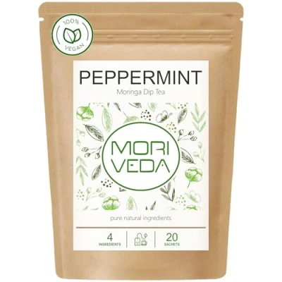 Afbeelding van MoriVeda® Moringa Dip Tea 100% natuurlijk &amp; veganistisch (keuze uit moringablad mix, appel kaneel, granaatappel, gember, munt). MoriVeda kwaliteitsproduct (20 muntzakjes).