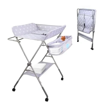 Afbeelding van Mobiclinic Zoey Babyverschoontafel Verstelbare hoogte Wielen met rem Veiligheidsgordel Opbergruimte Opvouwbaar