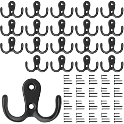 Afbeelding van Bolatus 20 stuks kledinghaken, haken, garderobe, dubbele wandhaken, retro metaal, vintage, met 80 schroeven, voor garderobehaken, badkamer, keuken (zwart)