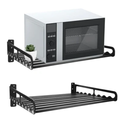 Afbeelding van Ladieshow Magnetron Plank Wandmontage, Stand Met 5 Haken Rack, Oven Beugel Opslag Rack Houder Huishoudelijke Keuken Organizer (Zwart) (50X40)