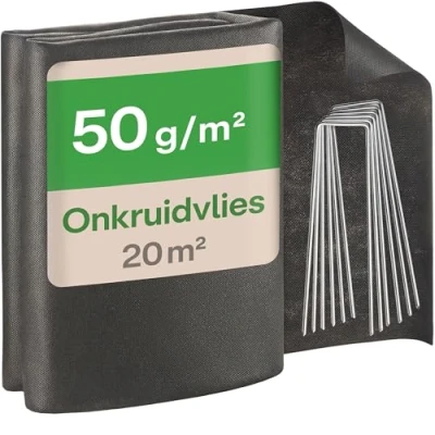 Afbeelding van Praknu Onkruiddoek 50g/m² Tuinfolie met 12 Grondpennen 20m² (2x10m) Waterdoorlatend, UV bestendig &amp; Scheurbestendig Voor Bloemperken Seizoensplanten