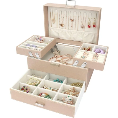 Afbeelding van 3 lagen sieradendoos met lade wit armbanden oorbellen ringen halskettingen horloges