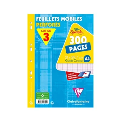 Afbeelding van Clairefontaine 175511AMZC 3 delige verpakking met geperforeerde vellen, A4, 21 x 29,7 cm, 300 pagina&#039;s groot geruit, wit papier 90 g, herbruikbaar etui