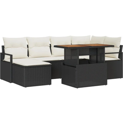 Afbeelding van vidaXL 7 delige tuin sofa set met kussens zwart poly rattan acacia, 2 zits