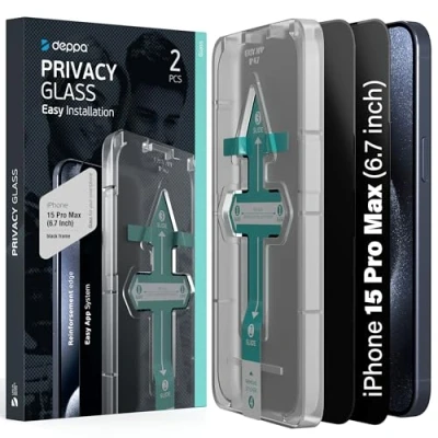 Afbeelding van Deppa [2 Stuks] Privacy Screen Protector voor iPhone 15 Pro Max (6.7&#039;) Schermbeschermer Gehard glas Volledige dekking met eenvoudig installatievak Anti Spy, Private, Dark, Black Film (Videogids)
