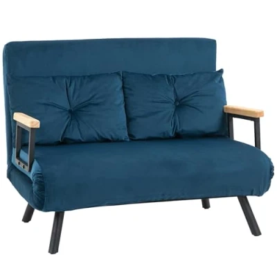 Afbeelding van HOMCOM Slaapbank, relaxstoel met bedfunctie, klapbank fluwelen look, rugkussen, gestoffeerde bank verstelbare rugleuning, blauw, 102 x 73 81 cm