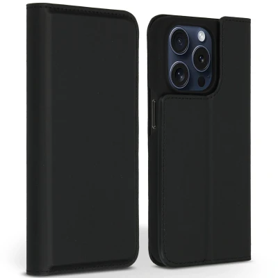 Afbeelding van Apple iPhone 15 Pro Hoesje Echt leder Accezz Bookcase Zwart Telefoonhoesje