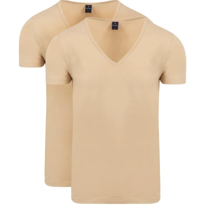 Afbeelding van Suitable T Shirt Beige Diepe V hals Vitaru Stretch 2 Pack maat S Heren Huidskleur met Slim fit Pasvorm
