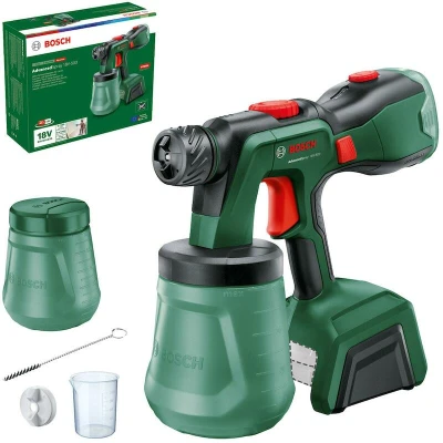 Afbeelding van Bosch AdvancedSpray 18V 500 Verfspuit Inclusief Reinigingsborstel Maatbeker Verfcontainer met deksekl Fijne spray mondstuk Exlusief accu en lader