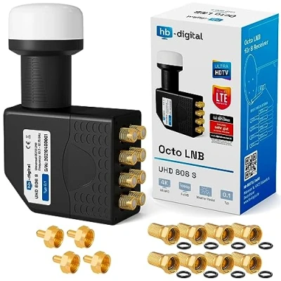 Afbeelding van hb digital Octo LNB (test zeer goed *) LNC kop voor 8 deelnemers Direct LTE Protected Satelliet Full HD TV 3D 4K UHD verguld weersbescherming zwart + 8X F stekker en 4x afsluitweerstand