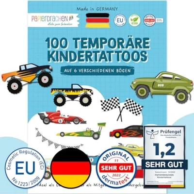Afbeelding van Papierdrachen 100 bijzonder huidvriendelijke kindertatoeages, voor kinderen, als verjaardagscadeautje of geschenkidee, 100% veganistisch, getest en made in Germany, set 25