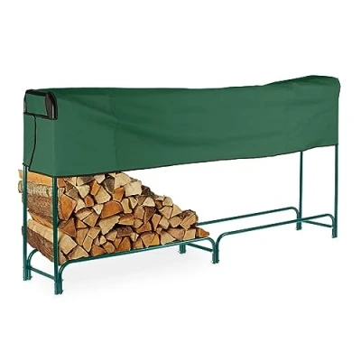 Afbeelding van Relaxdays brandhoutrek groen met hoes binnen houtopslag buiten staal garage