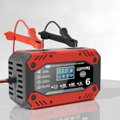 Afbeelding van 6 A autoacculader, 12 V smart volautomatische auto acculader met lcd scherm en temperatuurcompensatie, geschikt voor auto&#039;s, motorfietsen, vrachtwagens, boten, grasmaaierbatterijen
