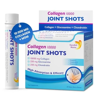 Afbeelding van Premium collageen 10000 Joint shots Gewrichtsondersteuning Glucosamine Chondroïtine Hoge absorptie Pijnverlichting Anti aging Soepele spieren pezen Gezonde gewrichten botten Vitaminen Mineralen Gehydrolyseerd type1,2,3 25 ML x20 stuks