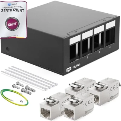Afbeelding van HB DIGITAL 4 poorts patchpaneel, patchveld, verdelerveld, 1HE 4x CAT 6a RJ45 Keystone Jack module, GHMT gecertificeerd, volledig afgeschermd STP 10 Gbps, compatibel met installatiekabel, netwerkkabel,