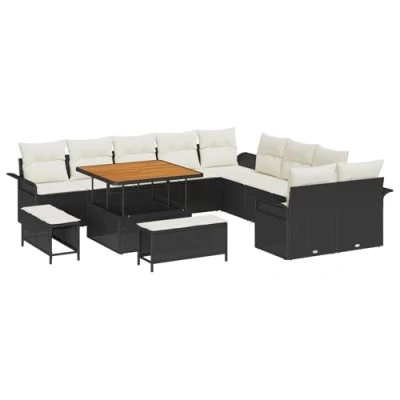 Afbeelding van vidaXL 13 delige Tuin Sofa Set met Kussens Zwart Poly Rattan Acacia, 2 Zits Opslag &amp; Rattan, 3 Eetset Acacia