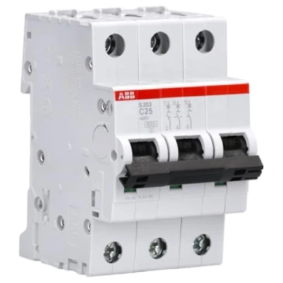 Afbeelding van Abb s203 installatieautomaat 3p c karakteristiek 25a iec en 60898 1 6 ka iec60947 2 10 3 modulen breedte 52 5mm 2cds253001r0254