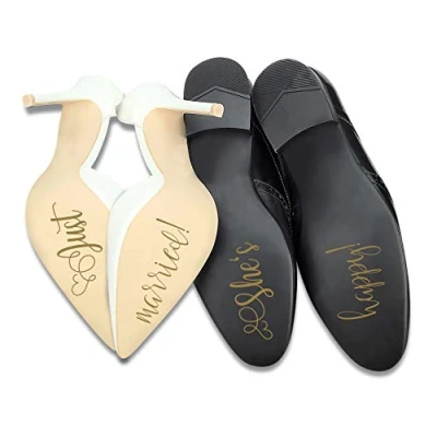 Afbeelding van Stickerset voor bruiloftsschoenen, schoenstickers, bruiloft, huwelijk, schoenen, trouwen, sticker, folie, zelfklevend, spreuken, symbolen (goud glans, K123 Just married)