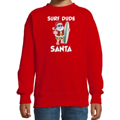 Afbeelding van Surf dude Santa fun Kerstsweater / Kerst trui rood voor kinderen Kerstkleding Christmas outfit 98/104