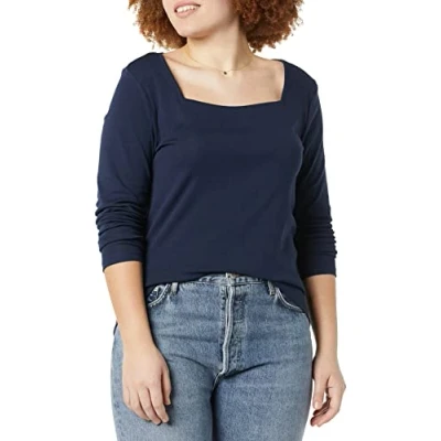 Afbeelding van Amazon Essentials Dames Slim Fit T shirt met lange mouwen en vierkante hals, marineblauw, XS