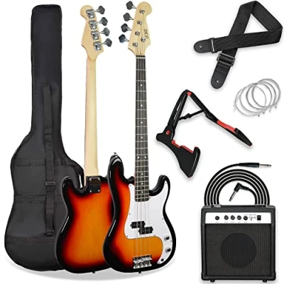 Afbeelding van 3rd Avenue 4/4 formaat elektrische basgitaar, beginnerspakket met 15W versterker, tas, kabel, gitaarband, statief en reservesnaren sunburst