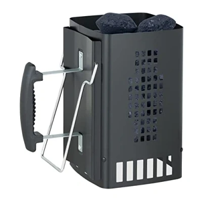 Afbeelding van Relaxdays brikettenstarter, met handgreep en beugel, HBD: 27 x 28 17 cm, houtskoolstarter voor de barbecue, zwart