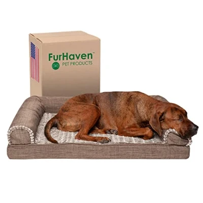 Afbeelding van Furhaven Groot Memory Foam Hondenbed Luxe Faux Fur &amp; Performance Linnen Sofa Stijl w/Verwijderbare Wasbare Cover Woodsmoke, Large